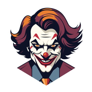Joker suratlı logo beyaz arka planda izole edilmiş. Korkunç şakacı maskotun logosu. Vektör deposu