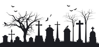 Mezar taşları, haçlar, mezar taşları, kargalar, yarasalar ve ağaçlarla dolu siyah bir mezarlık silueti. Mezarlığın elementleri. Mezarlık panoraması. Cadılar Bayramı konsepti Vektör deposu