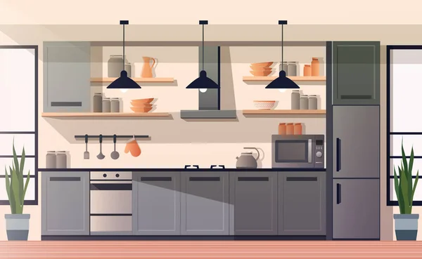Cocina Moderna Estilo Plano Interior Cocina Con Muebles Existencias Vectores — Vector de stock