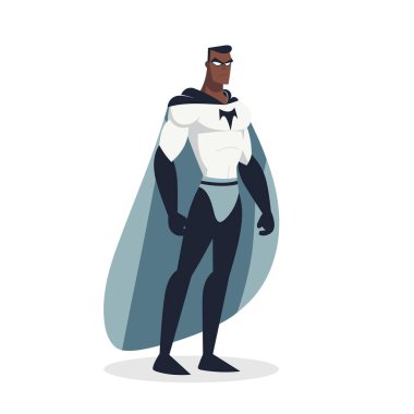 Siyah süper kahraman beyaz arka planda izole edilmiş. Erkek süper kahraman pozu. Vektör deposu