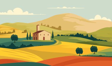 Tuscany kırsal kesiminde düz bir ev. Toskana peyzaj afişi. Vektör deposu