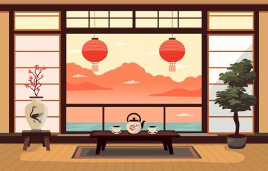 Geleneksel Japon odası düz stil. Büyük bir penceresi, fincanları ve çaydanlığı olan Japon çizgi film odası. Japon çay seremonisi. Vektör deposu