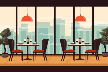 Şarap bardakları ve sandalyelerle dolu bir yemek masası. Lüks lüks çatı katı restoranı. Arka planda şehir silüeti var. Restoran kapalı. Vektör deposu