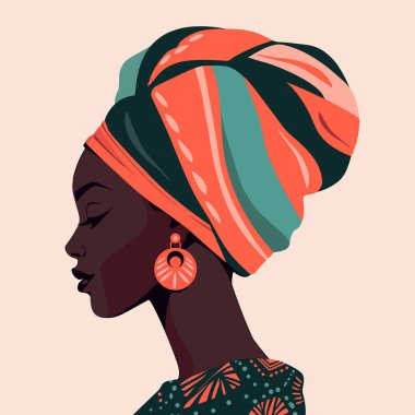 Geleneksel kostüm ikonu avatarı içindeki siyah kadın. Siyah kadın modern ikon avatarı. Afrikalı kadın tasarımı. Soyut çağdaş poster. Duvar tasarımı. Vektör deposu