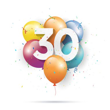 Beyaz arka planda 30. yaş günü balonlarınız kutlu olsun. 30. yıl dönümü. 30. yaş gününü konfetiyle kutluyoruz. İllülasyon stoku