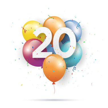 Beyaz arka planda 20. yaş günün kutlu olsun. 20. yıl dönümü. 20. kutlamada konfeti var. İllülasyon stoku