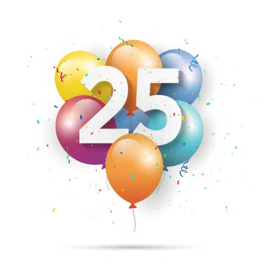 25. yaş günün kutlu olsun balonlar beyaz arka planda tebrik kartı. 25. yıl dönümü. 25. doğum gününü konfetiyle kutluyoruz. İllülasyon stoku