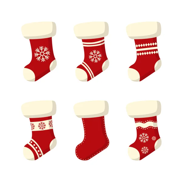 Sada Vánoční Ponožky Izolované Bílém Pozadí Červené Vánoční Ponožky Dovolenková Stock Vektory