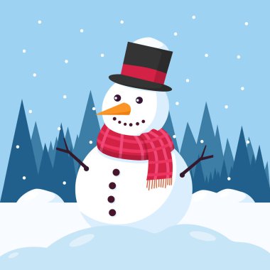 Kış manzaralı ve kardan adam. Noel karakteri tasarımı. Vektör deposu