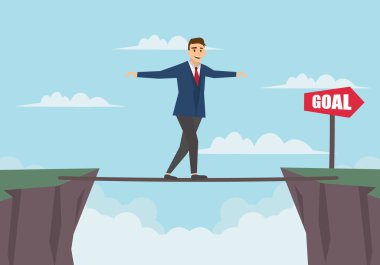 İş adamı başka bir uçuruma doğru yürüyor. İş riski ve başarı konsepti. Vektör deposu