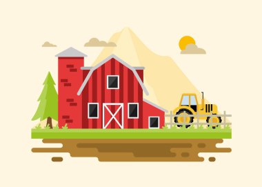 Flat farm landscape with farmhouse. Farming agriculture concepts. Vector stock