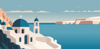 Santorini Adası, Yunan. Güzel bir Yunanistan peyzajı seyahat arka planı kartpostalı. Santorini illüstrasyon manzara tasarımı. Vektör deposu