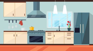 Modern mutfak düz stil. Mobilyalarla dolu bir mutfak. Vektör deposu