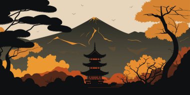 Pagoda 'lı Japon manzarası. Doğayla çevrili güzel Japon tapınağı. Vektör deposu