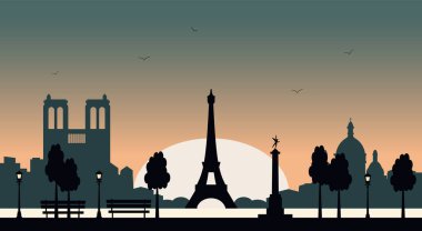 Paris Panaroma, Fransa. Güzel Paris mimari sembolleri peyzaj seyahat arka planı kartpostalları. Paris şehrinin ufuk çizgisi resimli manzara tasarımı. Vektör deposu