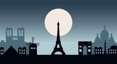 Paris Panaroma, Fransa. Güzel Paris mimari sembolleri peyzaj seyahat arka planı kartpostalları. Paris şehrinin ufuk çizgisi resimli manzara tasarımı. Vektör deposu