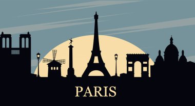 Paris Panaroma, Fransa. Güzel Paris mimari sembolleri peyzaj seyahat arka planı kartpostalları. Paris şehrinin ufuk çizgisi resimli manzara tasarımı. Vektör deposu