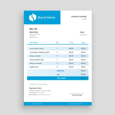 Business invoice template design isolated. Modern simple designer invoice. Vector stock clipart