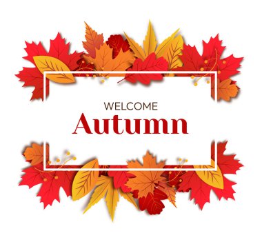Sonbahar mevsimlik dikdörtgen çerçevesi beyaz arkaplanda izole edilmiş. Yazı için yaprakları olan renkli bir sonbahar çerçevesi. Sonbahar tanıtım posteri. Sonbahar için mevsimlik afiş ya da tebrik kartı. Vektör deposu