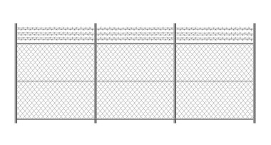 Dikenli telli metal çitler. Rabitz ızgarası beyaz arkaplanda izole edildi. Güvenli bölge. Korunaklı bölge ya da hapishane eskrimi. Vektör deposu