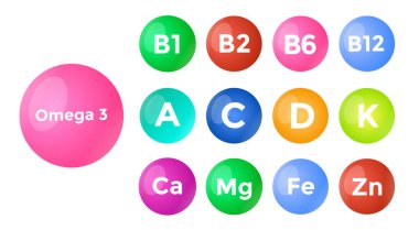 Beyaz arka planda izole edilmiş multi vitamin kompleksi seti. Multivitamin takviye ikonu. Temel vitamin ve mineral kompleksi. Vektot stoku
