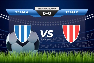 Futbol skorbord takımı A takımına karşı B takımının tasarım şablonu. Futbol takımları pankartı stadyum arka planıyla karşılaştırır. Vektör deposu