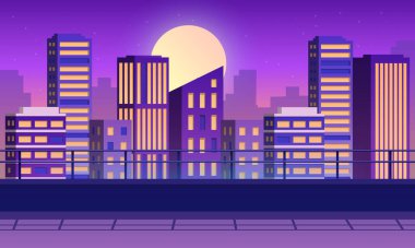 Çatıdaki terasın arka planından gece manzarası. Balkon gökdelenin üstünde. Vektör deposu