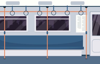 Boş metro vagonunun içi düz. Yeraltı metro konsepti. Vektör deposu