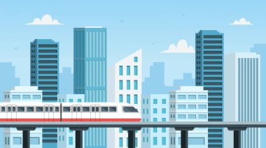 Köprüde hızlı tren var. Hızlı tren ve gökdelen. Modern açık hava manzarası. Vektör stoğu.