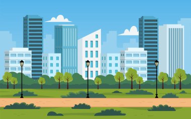 Şehir merkezinde gökdelenleri olan şehir parkı. Park manzarası. Vektör deposu