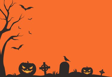 Cadılar Bayramı pankartı, mezarlık, siyah yarasalar ve turuncu arka planda balkabakları. Metin ile illüstrasyon. Vektör deposu