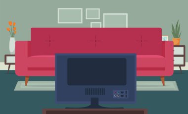 Boş oturma odası, kanepe ve televizyonlu ev. Vektör deposu