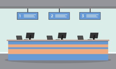 Modern bankacılık bürosunun içi boş. Bankacılık hizmetleri sade bir şekilde sağlanıyor. Vektör deposu