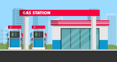 Petrol pompası ve marketi olan bir benzin istasyonu. Vektör deposu