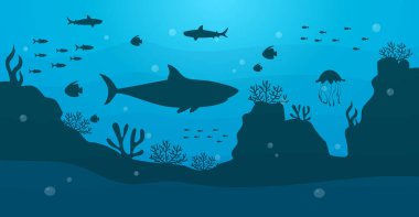 Düz bir sualtı deniz manzarası. Balıklı ve mercan resifli derin deniz silueti. Deniz altı manzarası. Vektör deposu