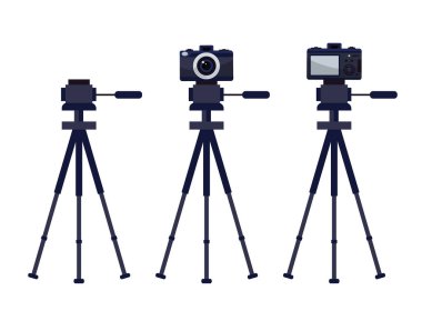 Tripodlu profesyonel dijital kamera seti. Refleks kamera tripoda. Vektör deposu