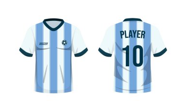 Arjantin futbol tişörtü beyaz arka planda izole edilmiş. Ön ve arka manzara futbol üniforması. Spor gömleği maketi. Vektör deposu