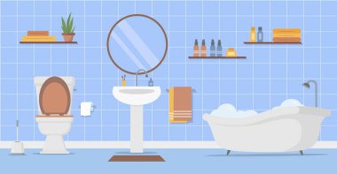 Banyo iç tasarımı düz bir şekilde. Mobilyalarla dolu boş bir banyo. Vektör deposu