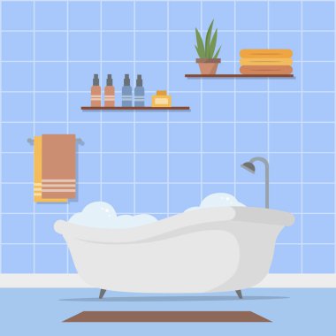 Düz küvetli banyo. Mobilyalarla dolu boş bir banyo. Vektör deposu