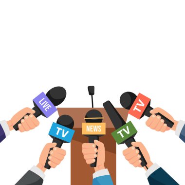 Beyaz arka planda izole edilmiş mikrofonlar ile görüşme konsepti. Haberciler ve röportajcılar televizyon konsepti. Haber medyası ve yayın. Vektör deposu
