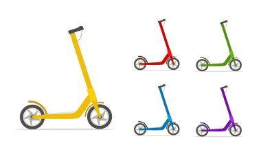 Beyaz arka planda izole edilmiş renkli elektronik scooter seti. Vektör deposu