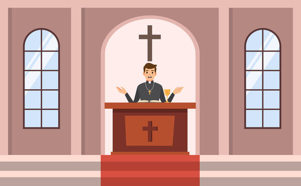 Church hall for religious ceremony. Chapel altar with priest. Vector stock