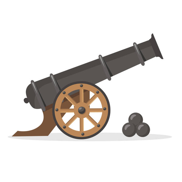 Средневековая пушка с пушечным ядром изолирована на белом фоне. Векторный сток