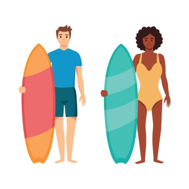 Beyaz arka planda sörf tahtası tutan genç kadın ve adam. Yaz sörfü konsepti. Vektör deposu