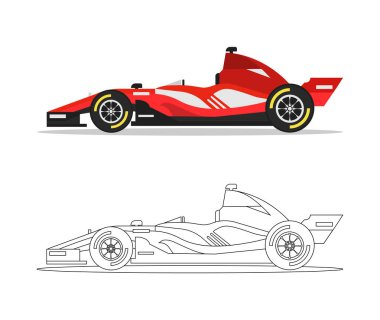 Formula 1 yarış arabası beyaz arka planda izole edildi. Renkli, siyah beyaz çizgi film Formula 1 yarış arabası boyama kitabı için. Çocuklar için boyama kitabı. Vektör deposu