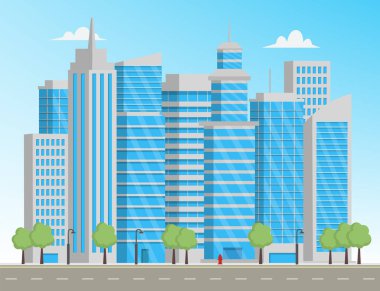 Gökdelen binaları düz stili olan modern bir şehir. Şehir peyzajı. Vektör deposu