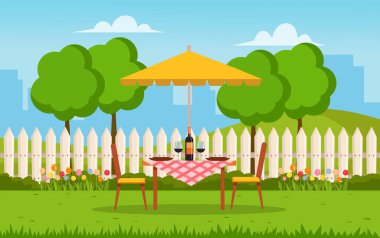 Masalı, sandalyeli, yeşil çimenli, çitli ve ağaçlı bir ev. Açık hava çizgi filmlerinin arka planında düz stil var. Vektör deposu