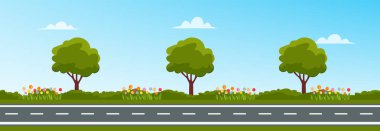 Kırsal alanda dümdüz boş bir yol. Asfalt yol arkaplanlı karikatür manzarası. Vektör deposu