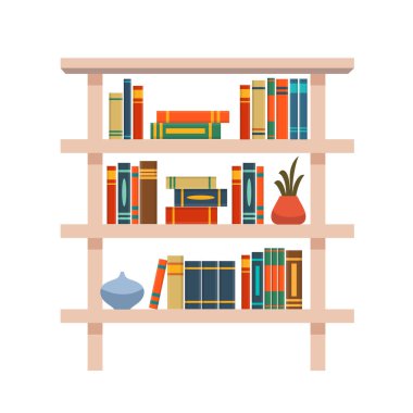 Beyaz arka planda izole edilmiş çeşitli kitaplara sahip raflar. Kitap rafı konsepti. Vektör deposu