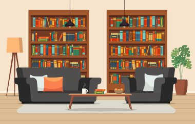 Oturma odası ya da kütüphanenin içi ahşap kitaplıkla dolu. Okuma ve rahatlama yeri. Vektör deposu